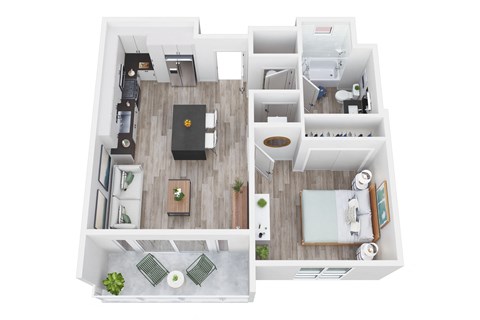 a stylized floor plan of a bedroom and living room